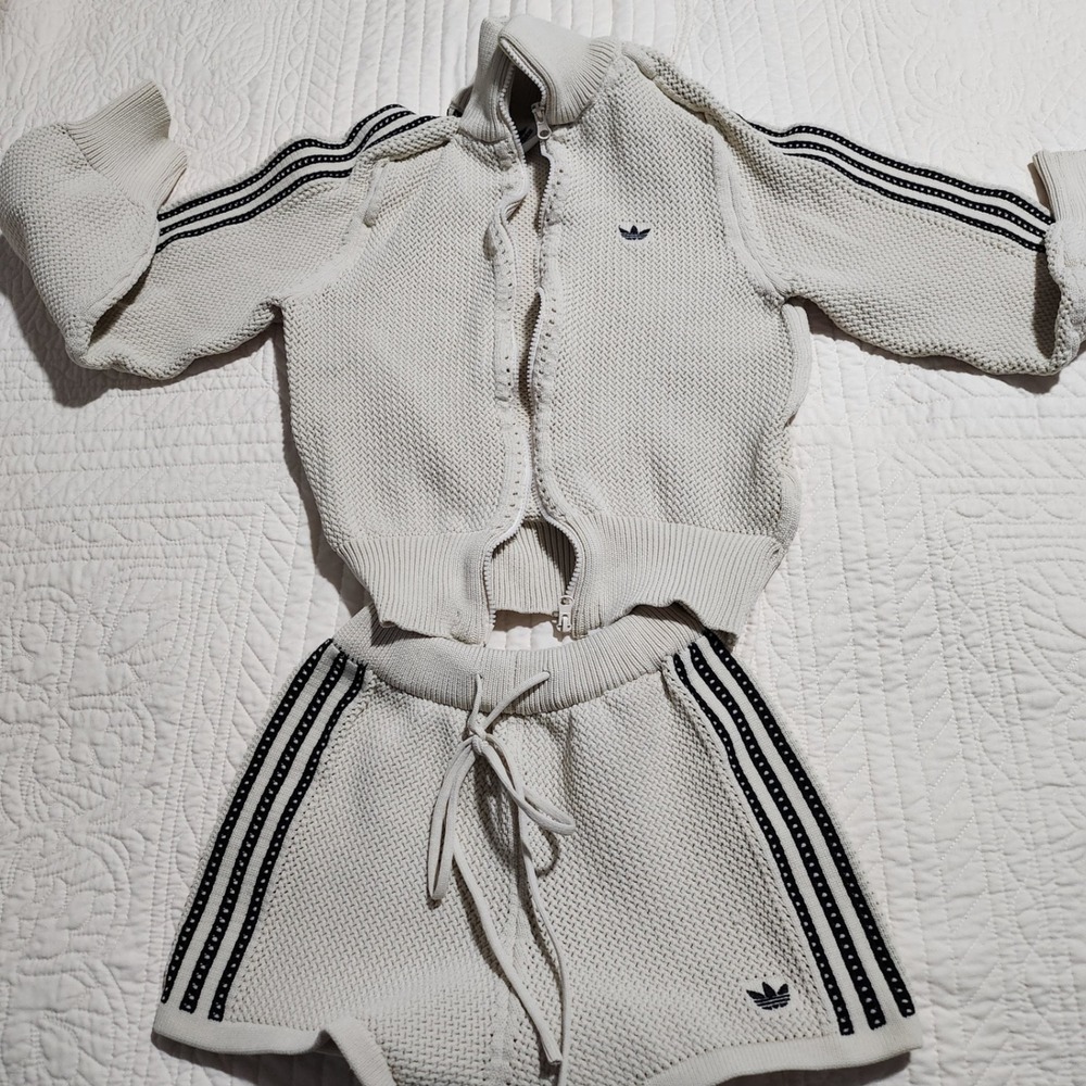 Adidas Originals Knit Tracksuit Set Cream Off White Zip Jacket Shorts Women L